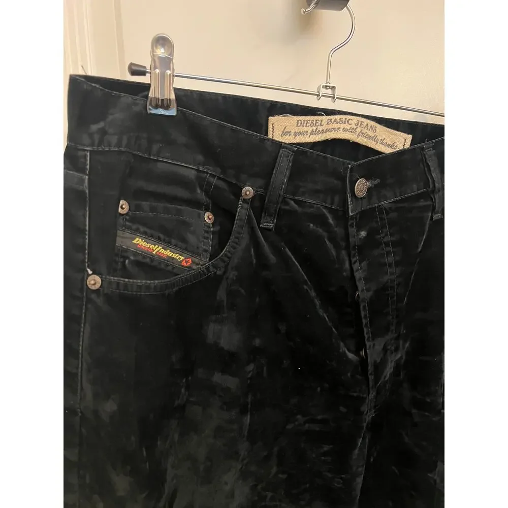 VTG Y2K Diesel Basic Jeans Velvet Velour 36 Black Italy Stright Leg Grunge Luxe